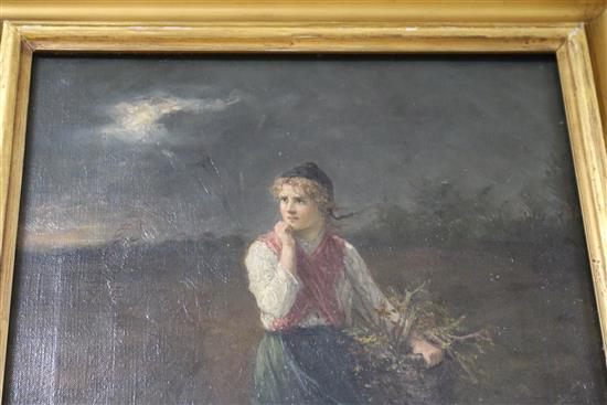 19th century English school, oil on canvas, girl in a stormy landscape, 44 x 34cm